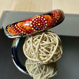 Vintage Australia Hand Painted Aboriginal Bangle Wood Bracelet Boho Orange Black